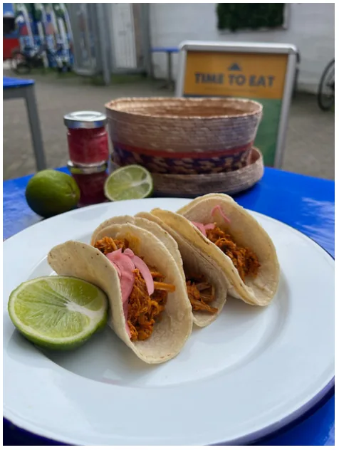 Three soft tacos with shredded meat and pink pickled onions